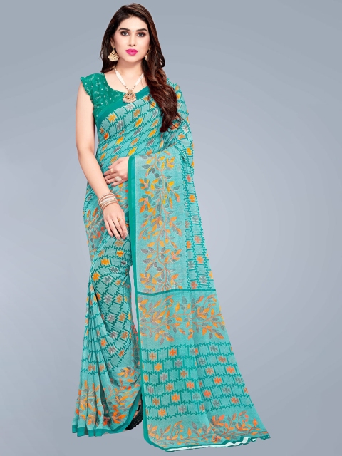 

MS RETAIL Teal & Yellow Pure Georgette Block Print Saree