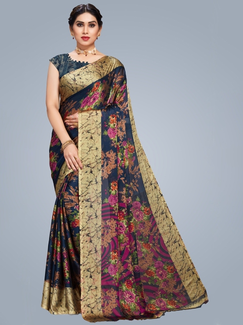 

MS RETAIL Navy Blue & Magenta Floral Zari Pure Georgette Block Print Saree