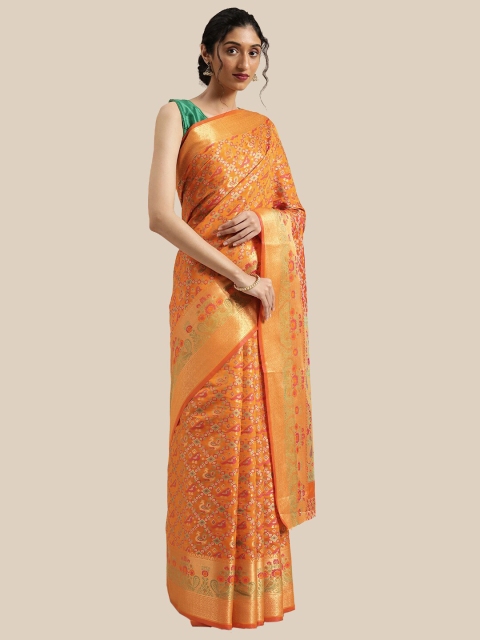 

Saree Swarg Orange & Gold-Toned Woven Design Zari Silk Blend Banarasi Sarees