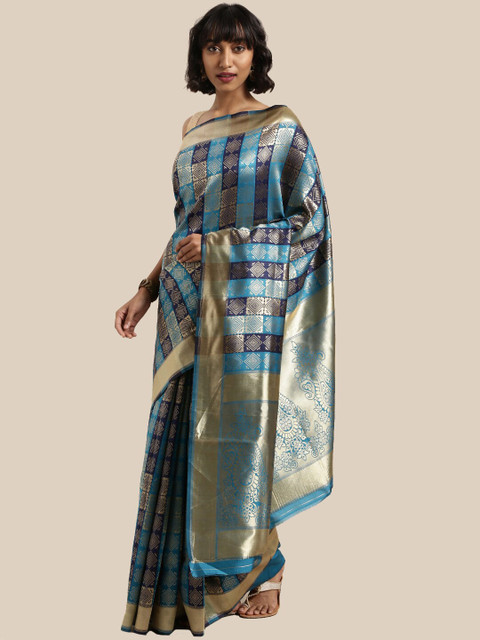 

Saree Swarg Navy Blue & Gold-Toned Woven Design Zari Silk Blend Banarasi Sarees