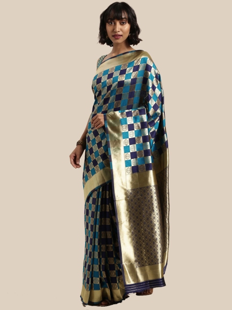 

Saree Swarg Navy Blue & Gold-Toned Woven Design Zari Silk Blend Banarasi Sarees