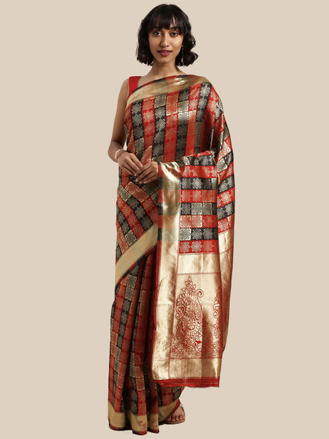 

Saree Swarg Red & Gold-Toned Woven Design Zari Silk Blend Banarasi Sarees