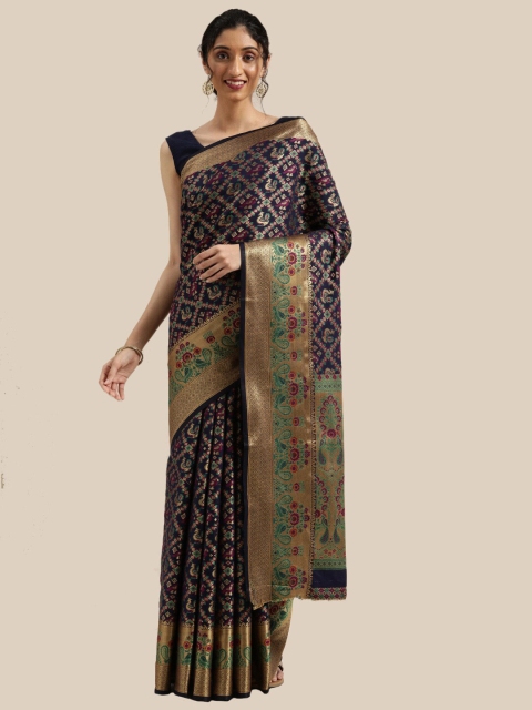 

Saree Swarg Navy Blue & Green Woven Design Zari Silk Blend Banarasi Sarees
