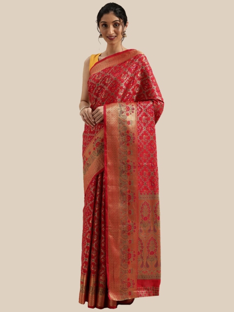 

Saree Swarg Red & Gold-Toned Woven Design Zari Silk Blend Banarasi Sarees