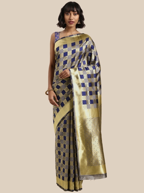 

Saree Swarg Navy Blue & Gold-Toned Woven Design Zari Silk Blend Banarasi Sarees