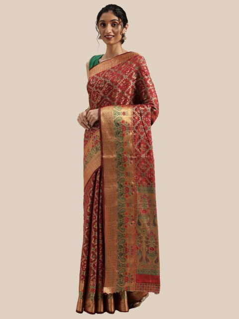 

Saree Swarg Maroon & Gold-Toned Woven Design Zari Silk Blend Banarasi Sarees