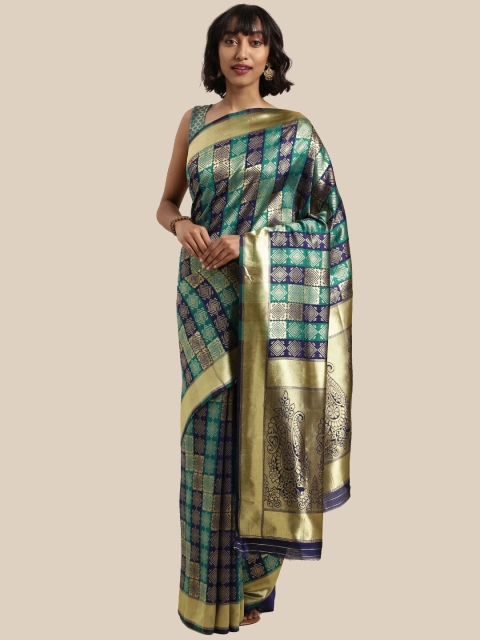 

Saree Swarg Navy Blue & Gold-Toned Woven Design Zari Silk Blend Banarasi Sarees