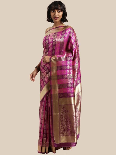 

Saree Swarg Burgundy & Gold-Toned Woven Design Zari Silk Blend Banarasi Sarees