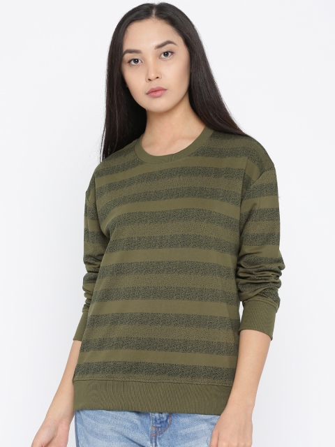 

Roadster Women Olive Green & Black Striped Sweatshirt