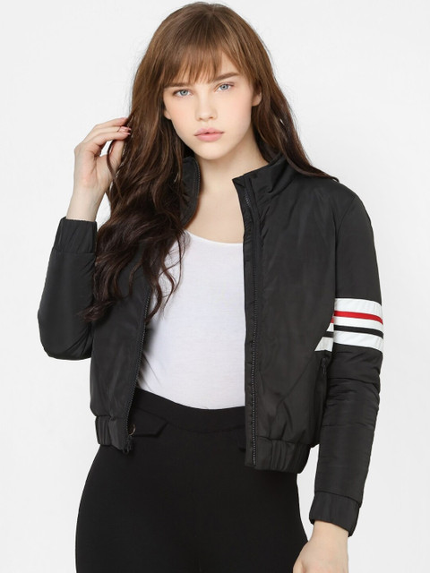 

ONLY Women Black Striped Bomber with Patchwork Jacket
