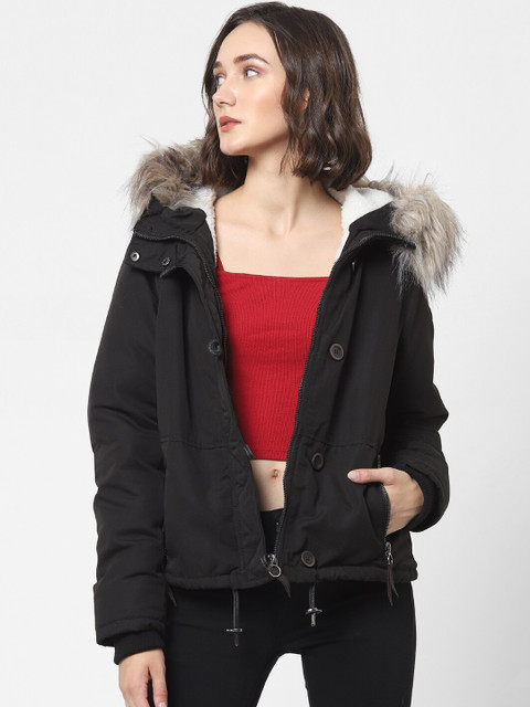 

ONLY Women Black Floral Colourblocked Crop Parka Jacket