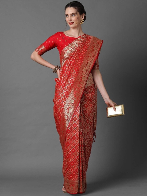 

Mitera Red & Gold-Toned Woven Design Zari Silk Blend Banarasi Saree