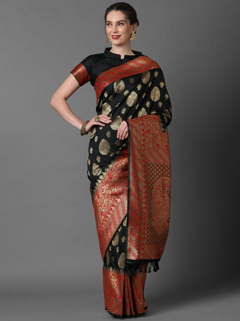 

Mitera Black & Gold-Toned Woven Design Zari Silk Blend Banarasi Saree