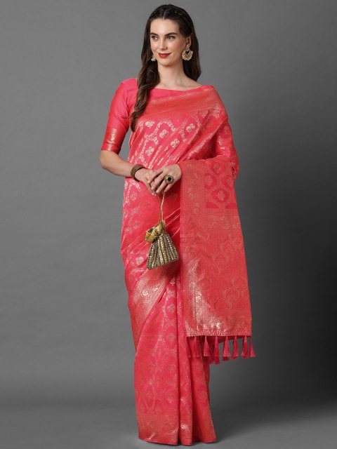 

Mitera Peach-Coloured & Gold-Toned Woven Design Zari Silk Blend Banarasi Saree