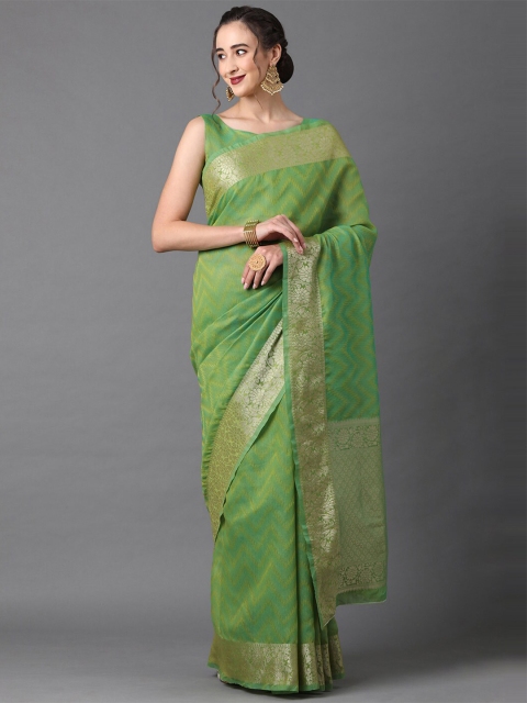 

Mitera Green & Gold-Toned Woven Design Zari Silk Cotton Banarasi Saree