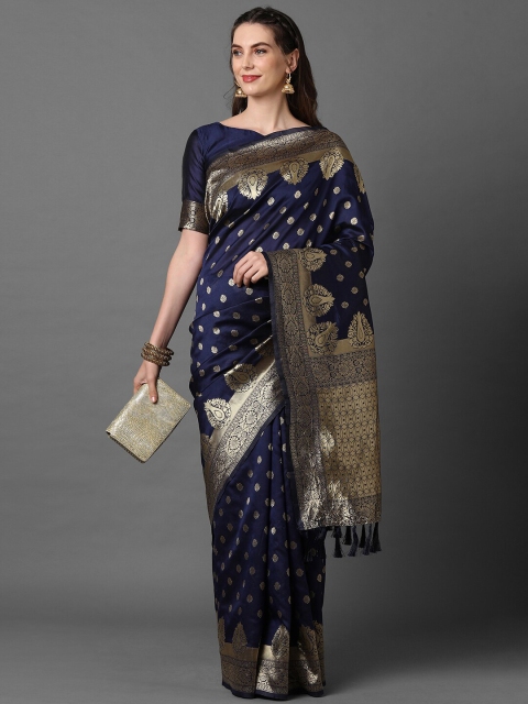 

Mitera Navy Blue & Gold-Toned Woven Design Zari Silk Blend Banarasi Saree