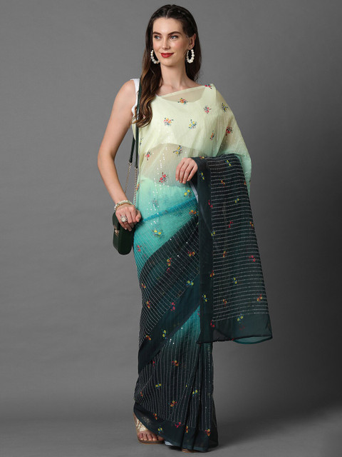 

Mitera Off White & Blue Floral Sequinned Saree