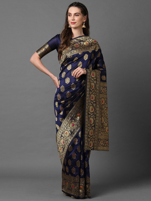 

Mitera Navy Blue & Gold-Toned Woven Design Zari Silk Blend Banarasi Saree