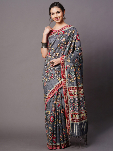 

Mitera Grey & Red Kalamkari Art Silk Saree