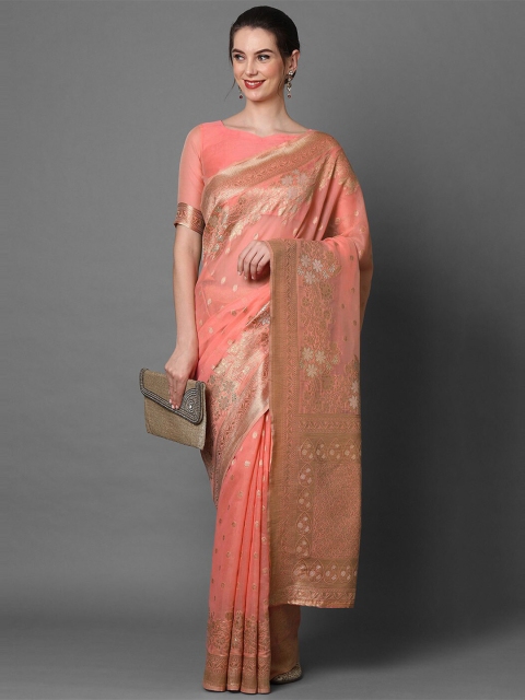 

Mitera Peach-Coloured & Gold-Toned Floral Zari Silk Blend Banarasi Saree