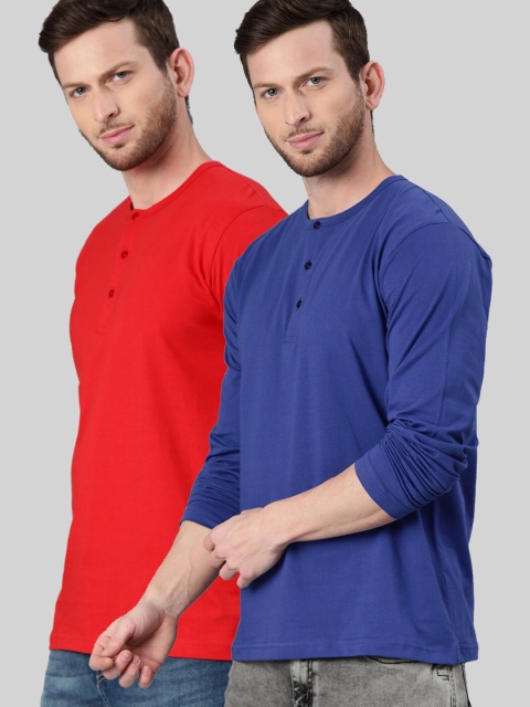 

BE AWARA Pack of 2 Men Blue & Red Solid Cotton Henley Neck T-shirt