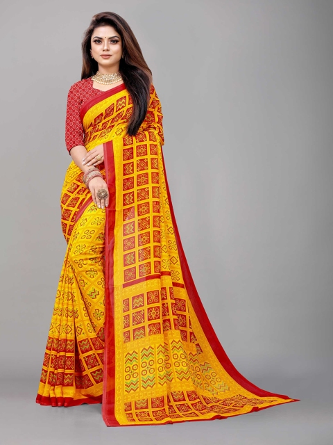 

Zombom Yellow & Red Printed Pure Georgette Saree