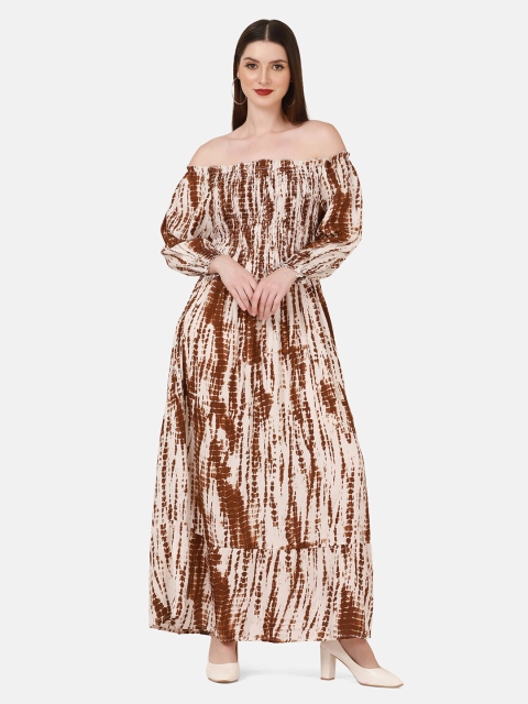 

BUY NEW TREND Women Beige & Brown Cotton Tie and Dye Off-Shoulder Maxi Dress