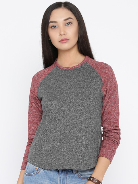 

Roadster Women Grey Melange & Red Solid Sweatshirt