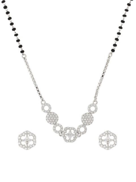 

ANAYRA Silver-Plated White Stone Studded Mangalsutra Earring Set