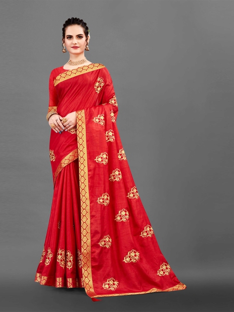 

Zombom Red & Gold-Toned Woven Design Pure Silk Saree