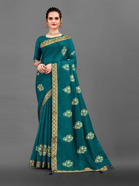 

Zombom Blue & Gold-Toned Pure Silk Saree