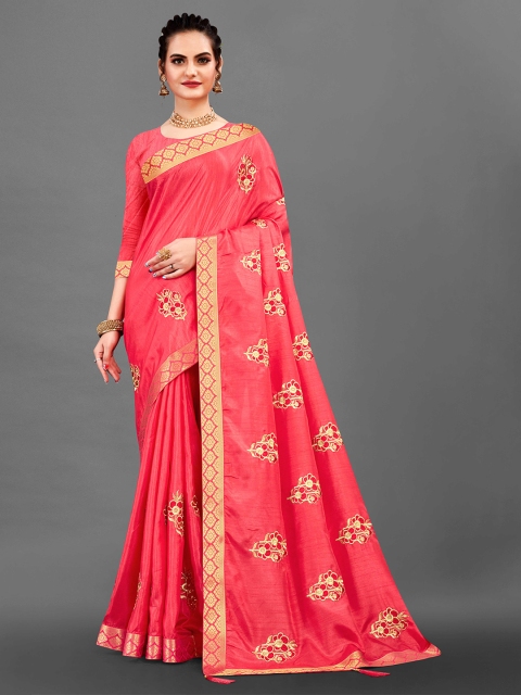 

Zombom Coral & Gold-Toned Floral Zari Pure Silk Banarasi Saree