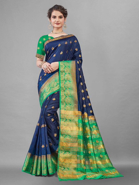 

Zombom Navy Blue & Green Woven Design Pure Silk Banarasi Saree