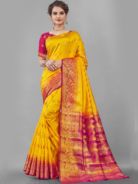 

Zombom Mustard & Red Ethnic Motifs Zari Pure Silk Banarasi Saree