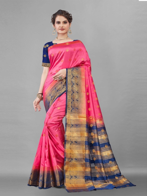 

Zombom Rose & Navy Blue Woven Design Pure Silk Saree