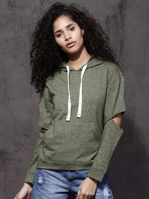 

Roadster Women Olive Green Solid Hooded Sweatshirt with Slash Sleeves