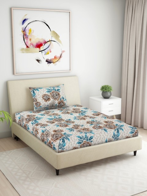 

CORE Designed by SPACES Brown & Blue Floral 104 TC Single Bedsheet With Pillow Cover