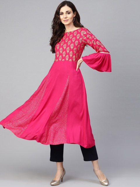 

Tulsattva Women Pink Ethnic Motifs Yoke Design Flared Sleeves Anarkali Kurta