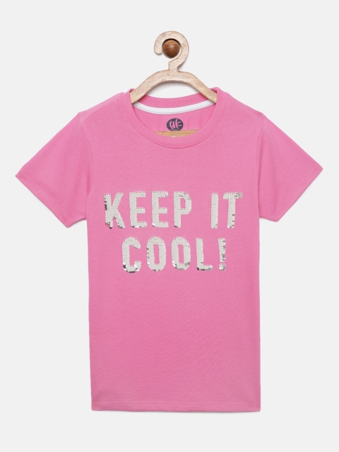 

YK Girls Pink Sequined Typography Cotton T-shirt
