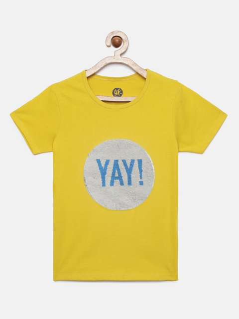 

YK Girls Yellow Sequined Typography Cotton T-shirt