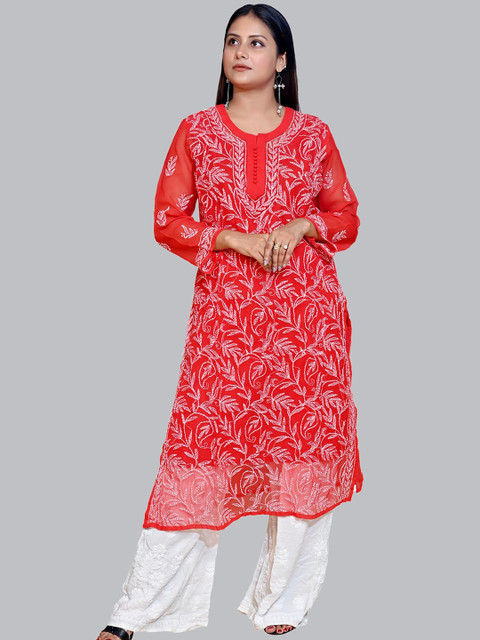 

FAWOMENT Women Red Embroidered Chikankari Georgette Kurta