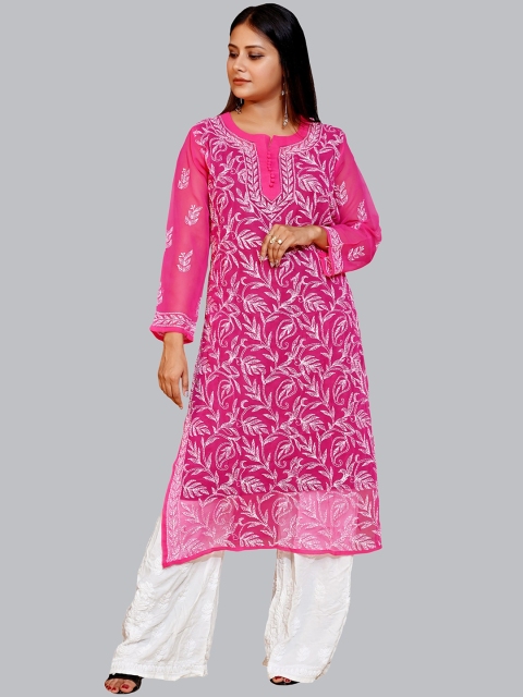 FAWOMENT Women Magenta Lucknowi Chikankari Georgette Kurta