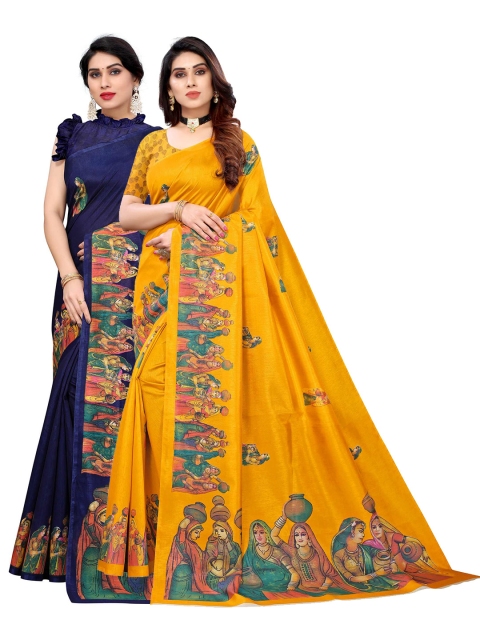 

AADVIKA Set of 2 Printed Art Silk Mysore Silk Saree, Navy blue