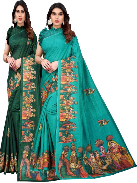

AADVIKA Set of 2 Printed Art Silk Mysore Silk Saree, Green