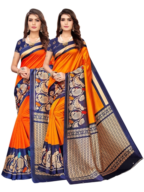 

AADVIKA Pack Of 2 Orange & Navy Blue Art Silk Saree