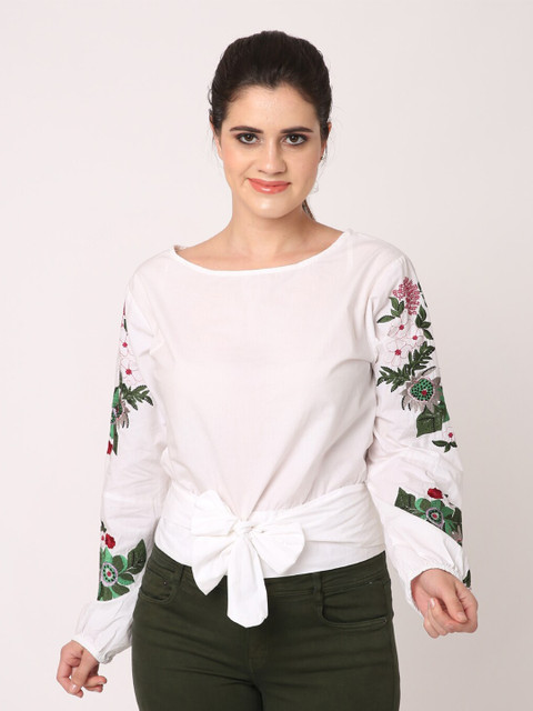 

NoBarr White Floral Embroidered Pure Cotton Top