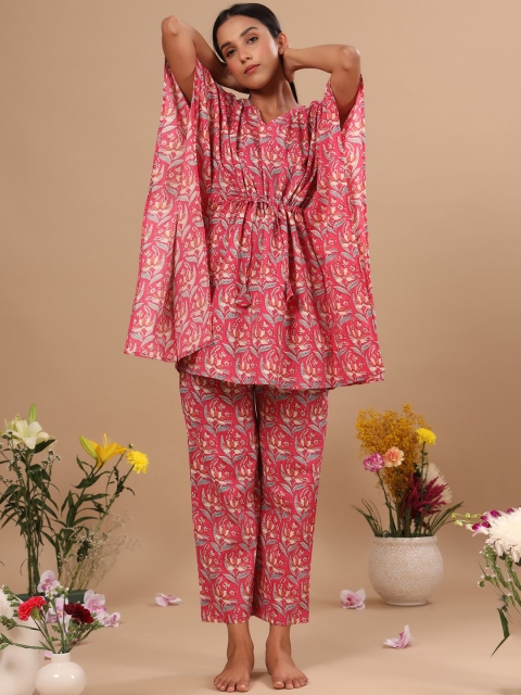 

JISORA Women Pink Pure Cotton Printed Kaftan Night suit