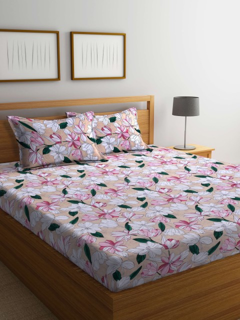 

BOMBAY DYEING Pink & Green 120 TC Queen Floral Cotton Bedsheet with 2 Pillow Covers
