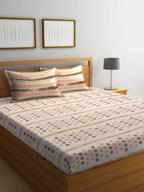 

BOMBAY DYEING Peach & Cream Printed 120 TC Queen Bedsheet With 2 Pillow Covers