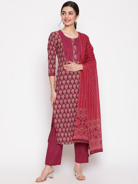 

GLAM ROOTS Women Burgundy Ethnic Motifs Printed Pure Cotton Kurta with Trousers & With Dupatta